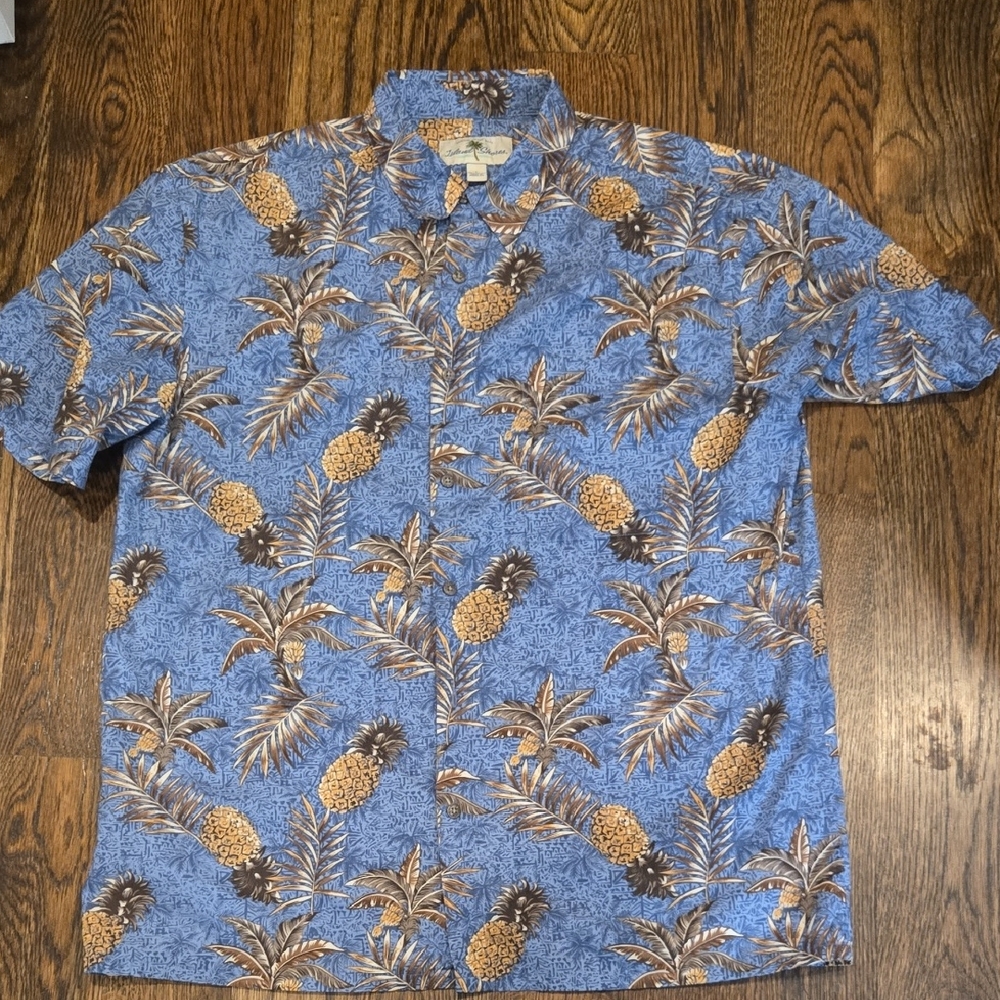 Island Shores Vtg Tropical Blue Pineapple Men's L Hawaiian Shirt EUC